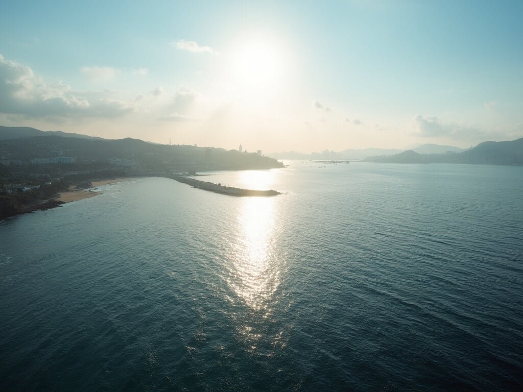 Scenic bay view with distant city silhouettes, gentle water ripples from bay winds, under soft evening light casting long shadows, representing a serene coastal landscape during long daylight hours