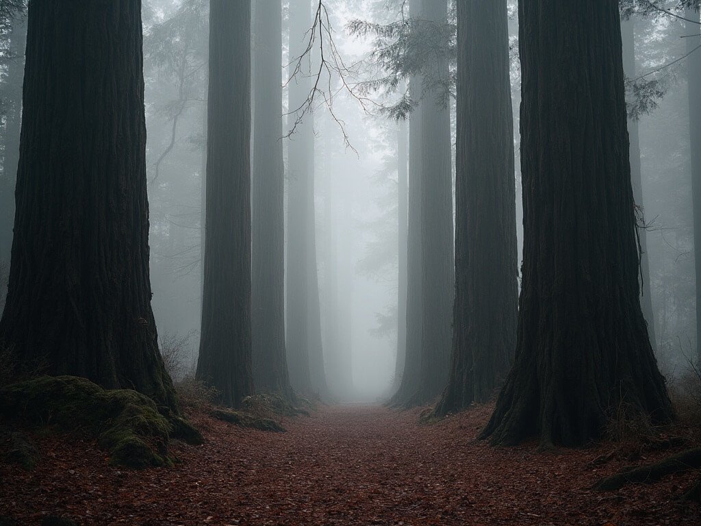Misty morning in Big Basin Redwoods State Park with ancient redwood trees and diffused light through dense forest canopy, fallen leaves covering the ground