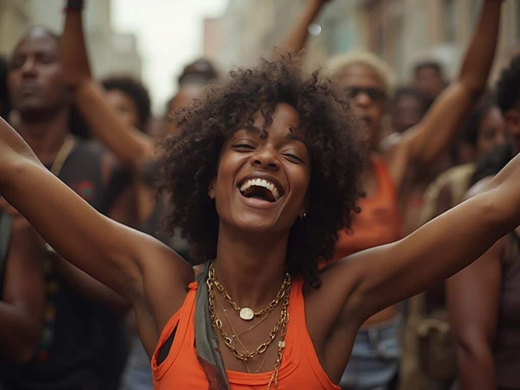 Black Joy Parade participants in celebratory poses expressing cultural pride and community connection in warm natural lighting