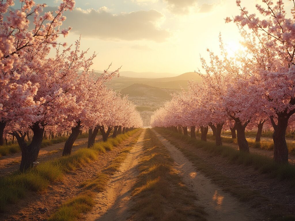 Blossoming fruit trees at golden hour on Blossom Trail with soft sunlight filtering through pink and white petals