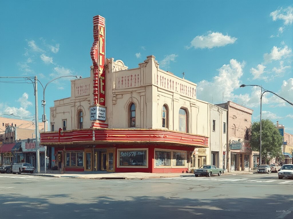 Buck Owens' Crystal Palace exterior under clear blue sky displaying the distinctive architecture, red and white colors, and music heritage atmosphere