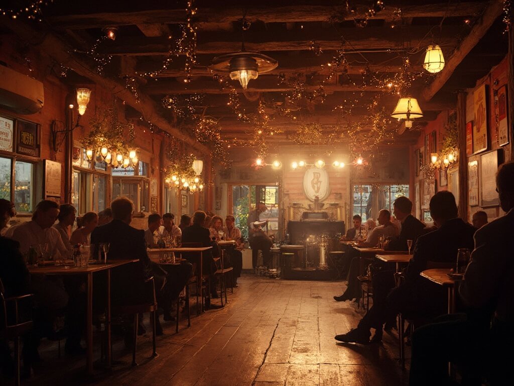 Bakersfield in January: Your Ultimate Winter Survival Guide (No Snow Required!) Interior view of Buck Owens' Crystal Palace with vintage music memorabilia, soft stage lighting, and winter decor.