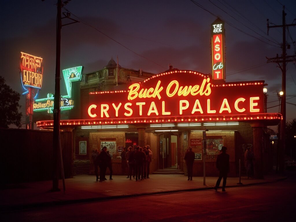 Sunset at Buck Owens' Crystal Palace with glowing neon signs, silhouetted figures and a sense of musical anticipation
