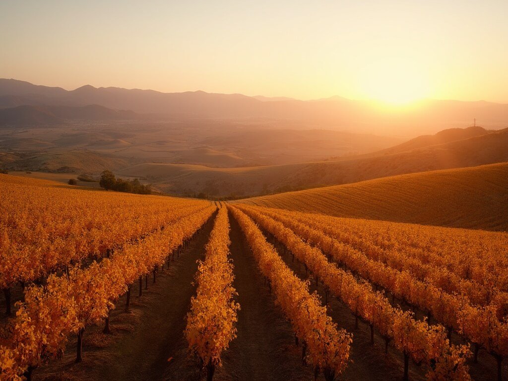 Golden hour autumn view of Central California's agricultural valley featuring warm-colored almond orchards, rolling fields, and distant mountains in October harvest season