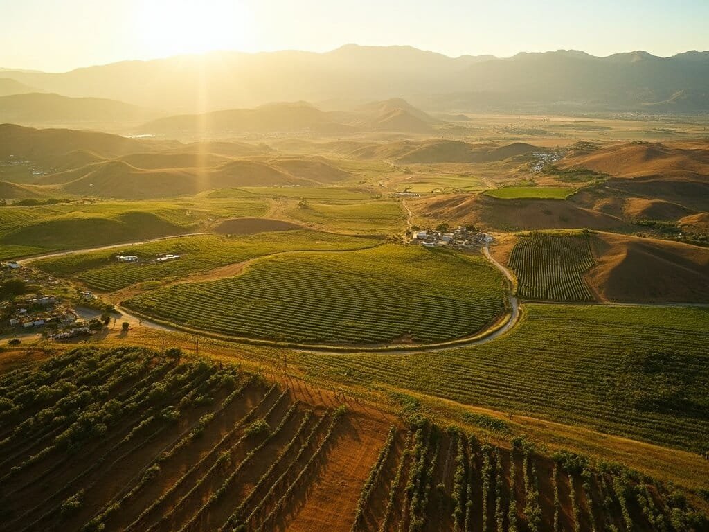 Sweeping panorama of California's Central Valley showcasing agricultural fields, vineyards, and orchards in golden late summer light