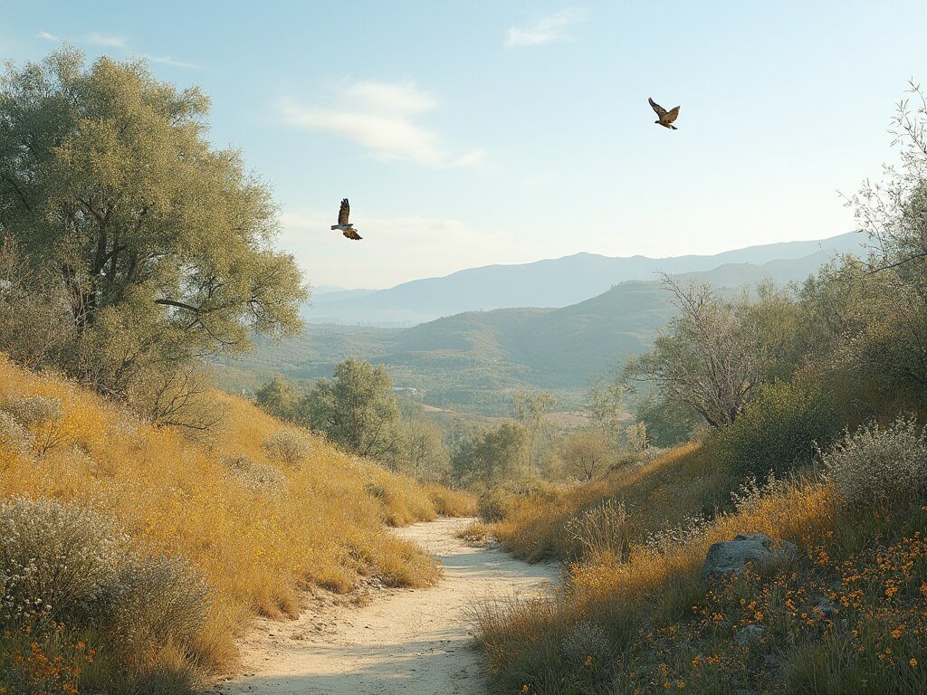 Uncover Bakersfield's Hidden March Magic: A Traveler's Insider Guide Winding hiking trail at Panorama Vista Preserve with early spring vegetation, blooming wildflowers, and a hawk in distant sky, in soft diffused lighting