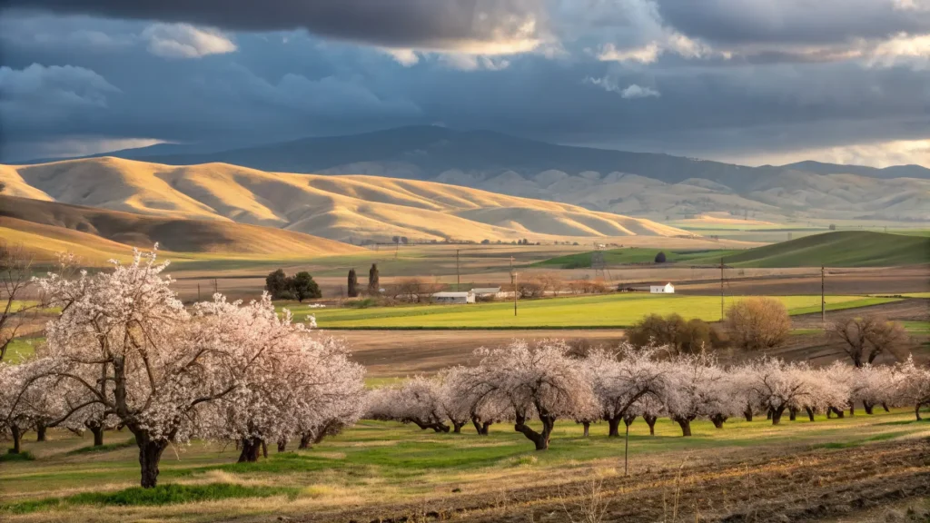 "Blooming almond orchicles in Bakersfield's Central Valley during February, showcasing rolling golden hills, lush green crops, dried golden grass, and sunbeams breaking through partly cloudy skies in late afternoon."