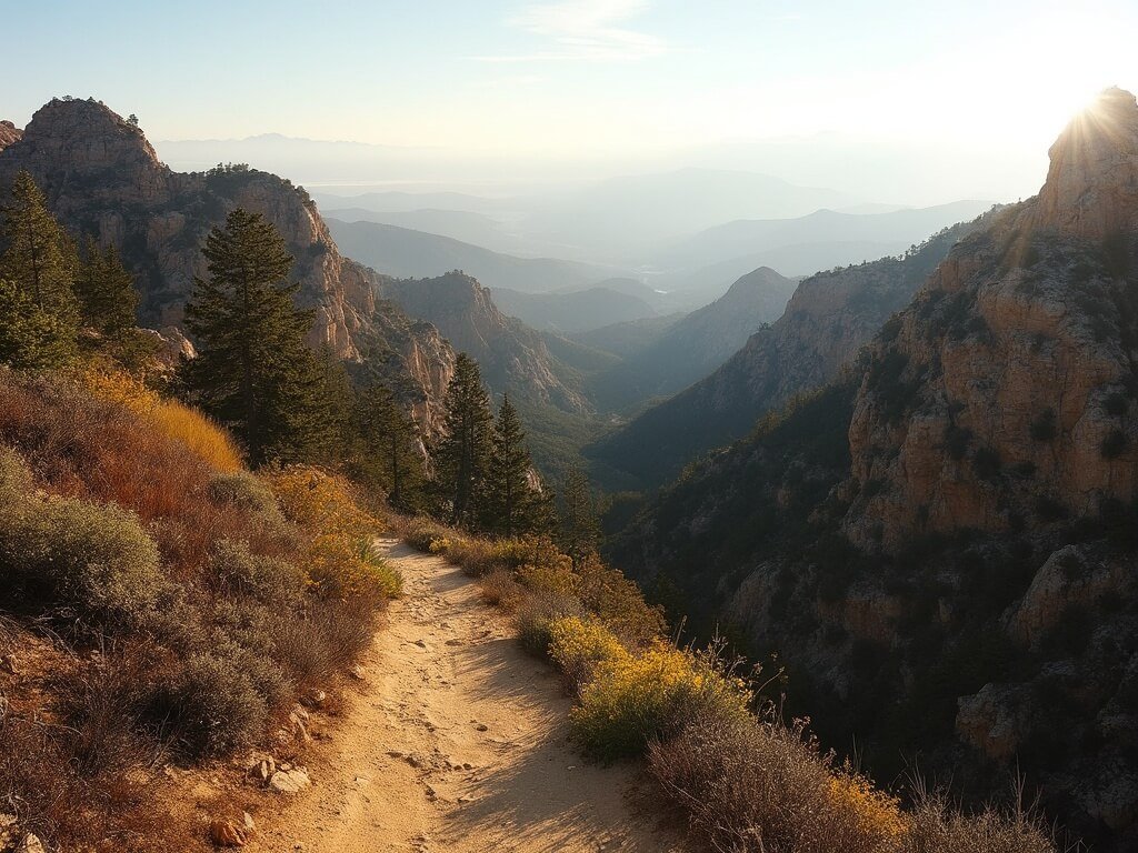 Hiking trail winding through rugged California wilderness with rocky outcroppings, pine trees, and distant mountains in warm golden-hour lighting