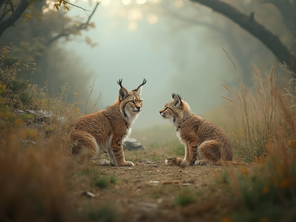 Native California wildlife including bobcats and native birds at the California Living Museum with soft winter lighting and a misty, lush background representing February's transitional season.