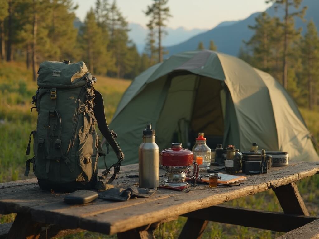 Camping equipment including a tent, hiking backpack, stove, and water bottles neatly arranged on a wooden picnic table in early morning light