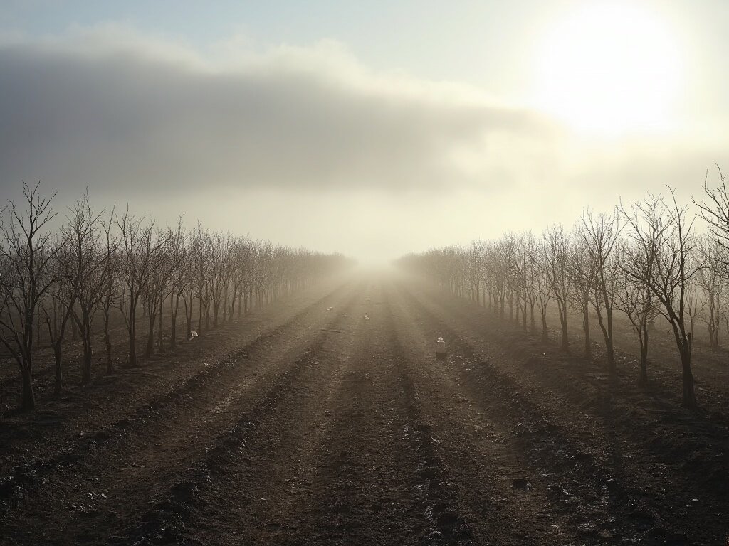 Misty morning over dormant almond orchards in central California farmland, with soft gray clouds and wet ground reflecting pale winter sunlight