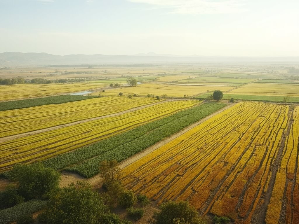 Scorching Secrets: Why Fresno's August Feels Like Nature's Blast Furnace Midday view of Central Valley's agricultural fields with irrigation patterns, crop rows, heat distortion, and clear horizon line