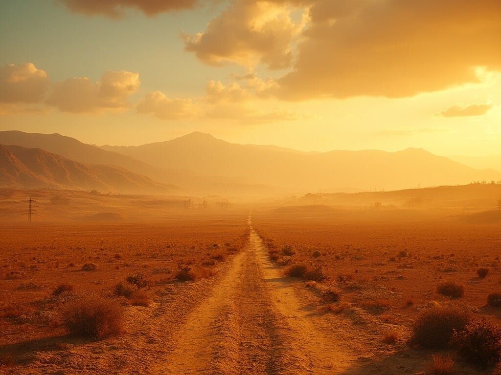Scorching August afternoon in the Central Valley with dry, golden-brown fields, heat waves distorting the horizon, and distant mountain silhouettes under a cloudless sky