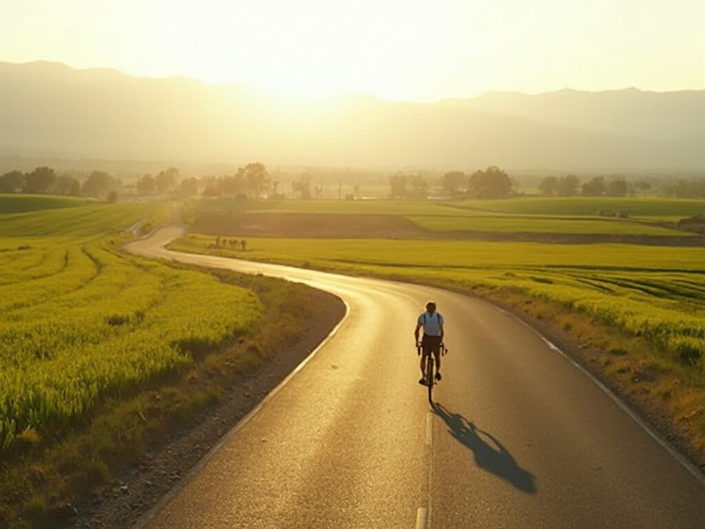 Cyclist riding on a smooth agricultural road through green fields in Central Valley, Sierra Nevada mountains in the background, under warm afternoon sunlight