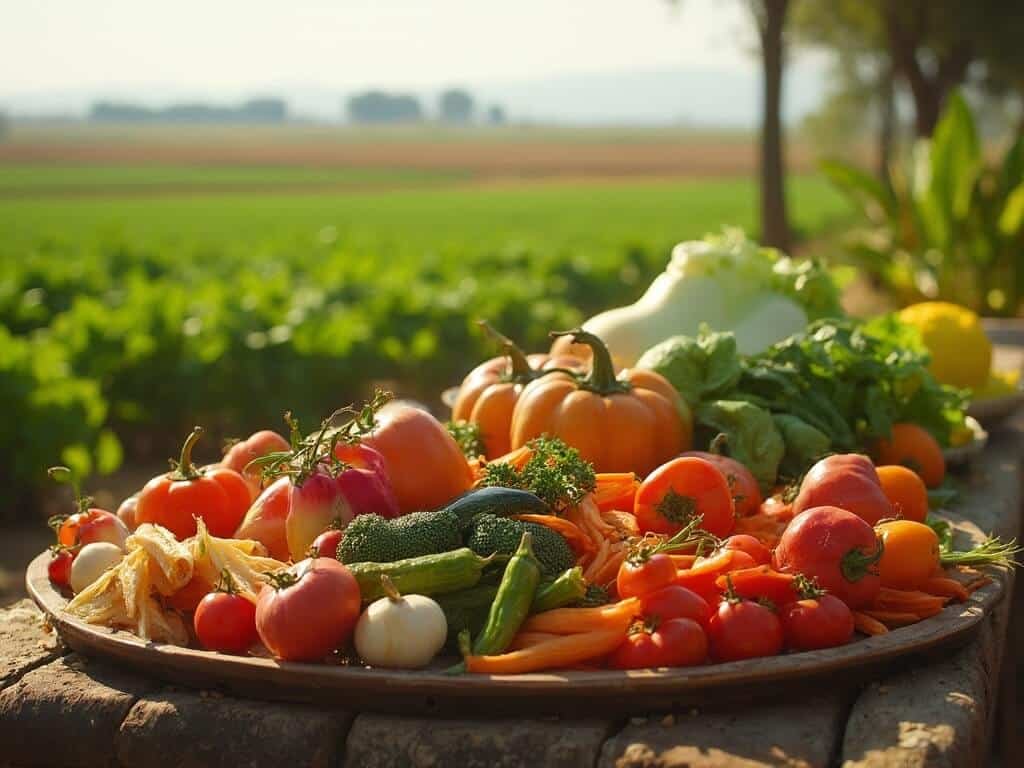 Artistic farm-to-table display of fresh Central Valley produce with harvested seasonal vegetables and fruits under soft lighting, agricultural fields subtly in the background