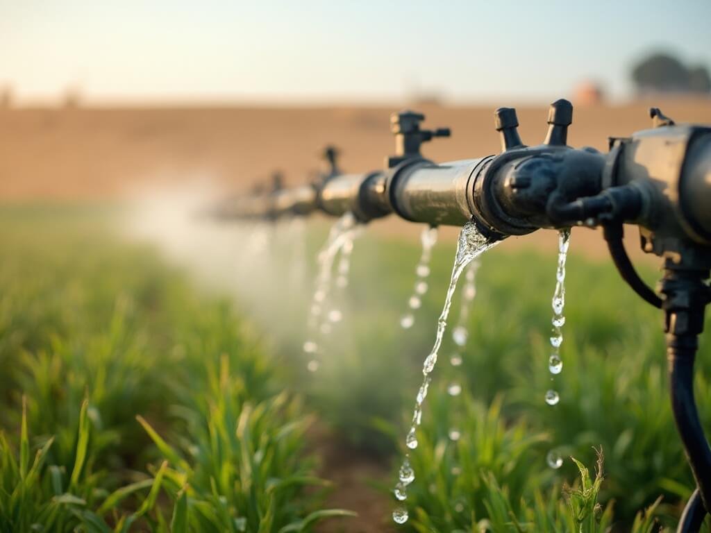 Advanced irrigation system in Central Valley farm with water droplets on crops and dusty landscape in background, symbolizing water conservation