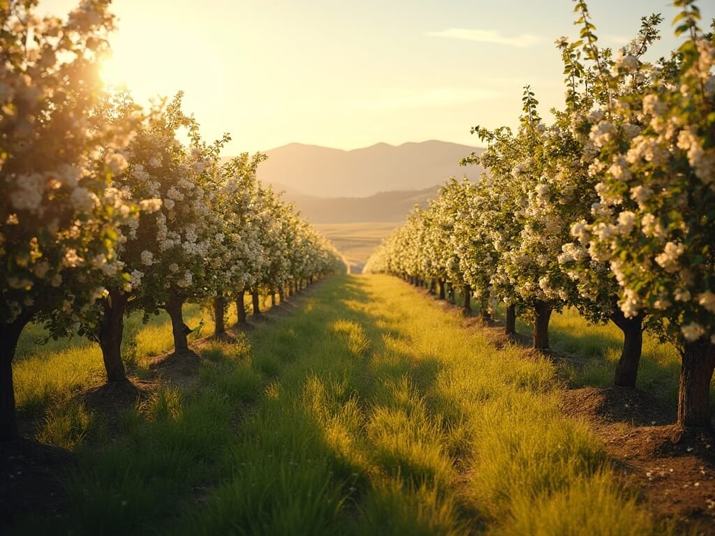 Early morning view of a blooming fruit orchard in Central Valley, bathed in soft golden sunlight with rolling hills in the background