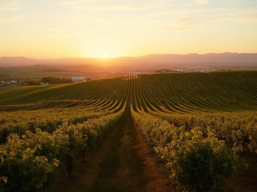 Rolling orchards in Central Valley at sunset with lined fruit trees extending to the horizon and distant mountains in soft warm light