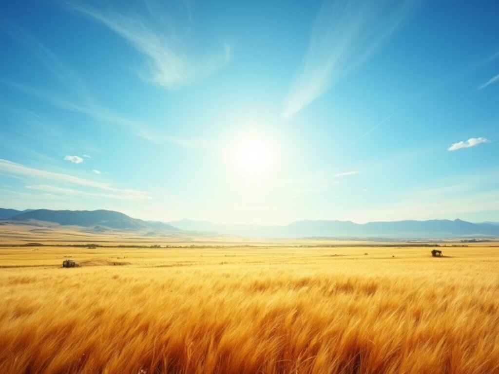 Summer landscape of Central Valley with golden wheat fields, distant mountains, and blue sky with visible heat waves