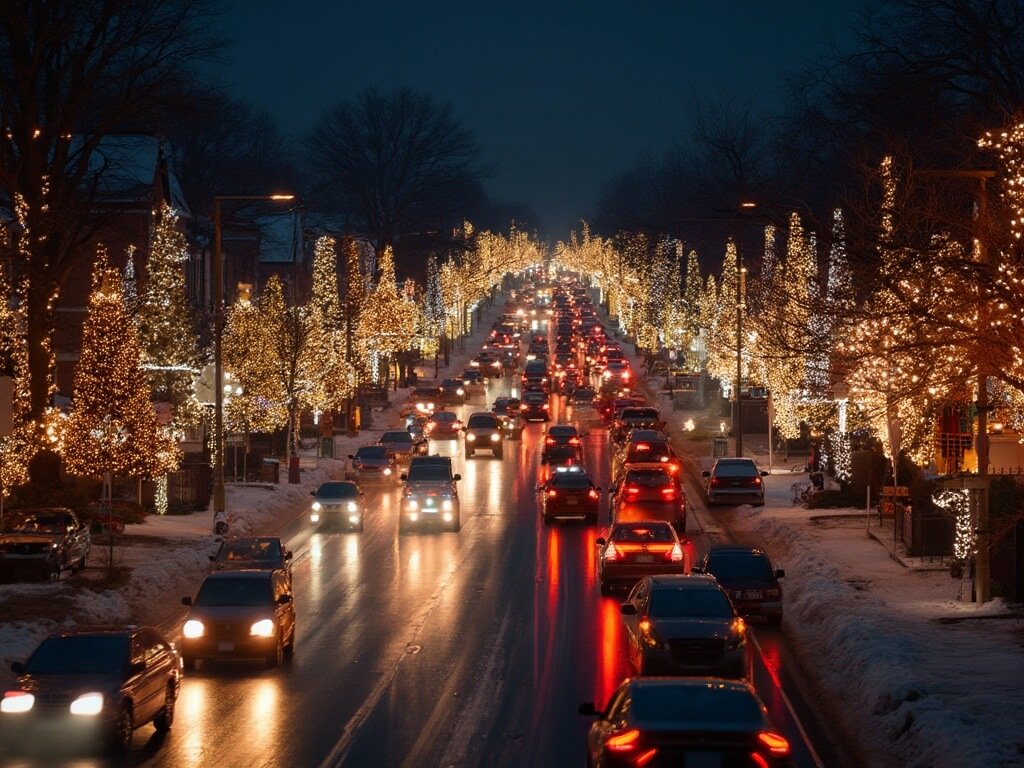 Cars slowly driving through Christmas Tree Lane at night with elaborate synchronized light displays
