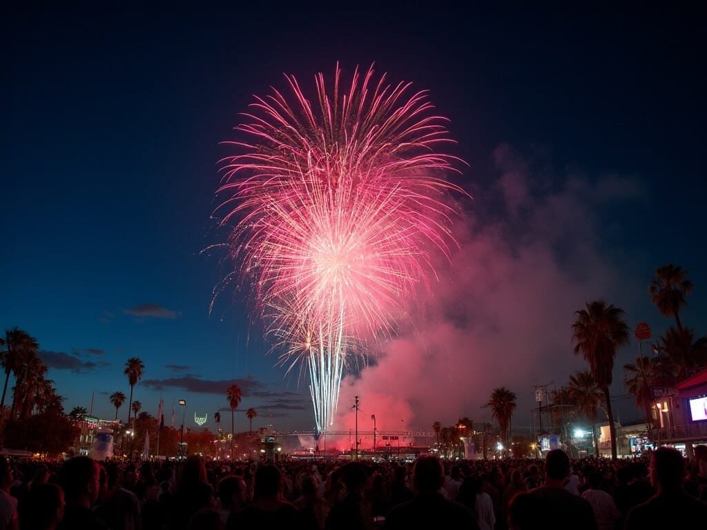 Fourth of July fireworks at Chukchansi Park at night, with colorful explosions in the navy blue sky and silhouetted crowds and stadium lights