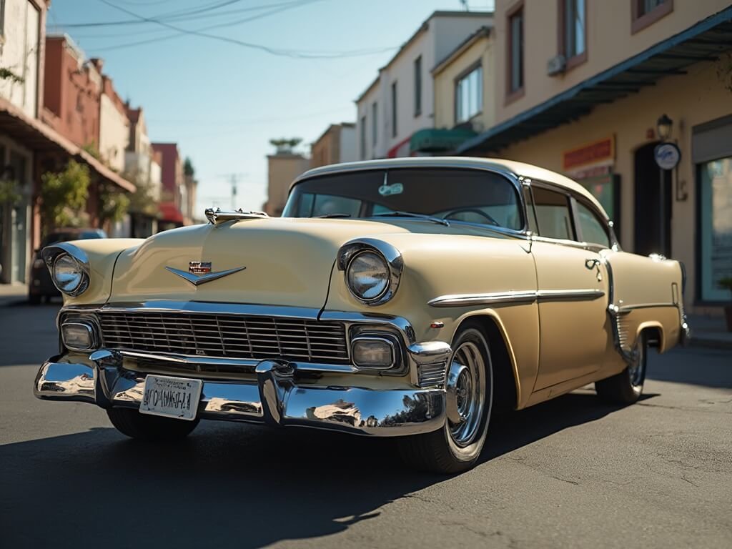 Redding Unveiled: Your Ultimate April Adventure Guide Close-up of a restored 1950s classic car with chrome details and vintage paint, parked in downtown Redding against an urban architectural backdrop
