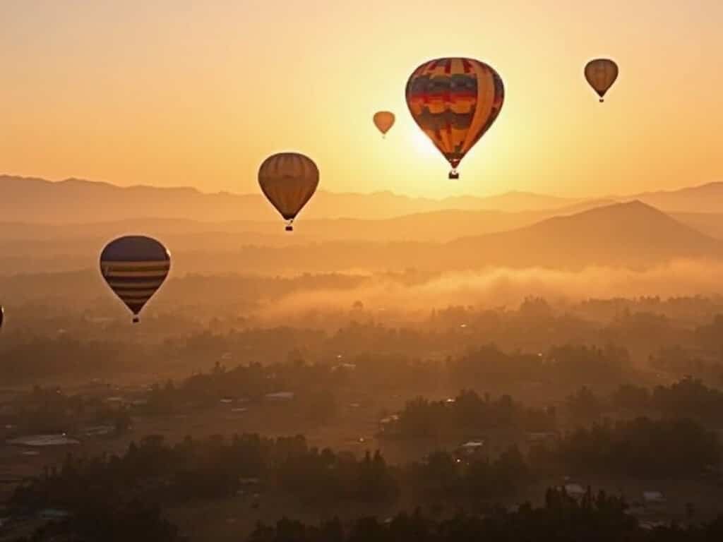 Colorful hot air balloons launching at sunrise over misty Clovis agricultural fields in Central California