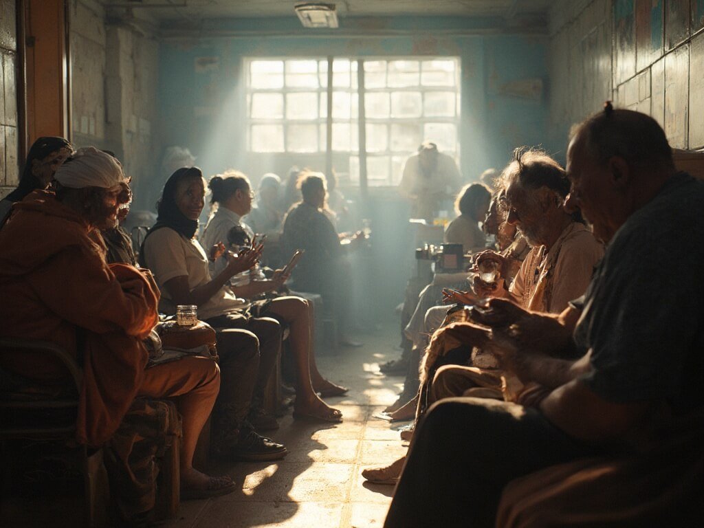 Diverse local residents finding respite from heat in a community cooling center, illuminated by soft natural light, drinking water and enjoying a comforting communal indoor space