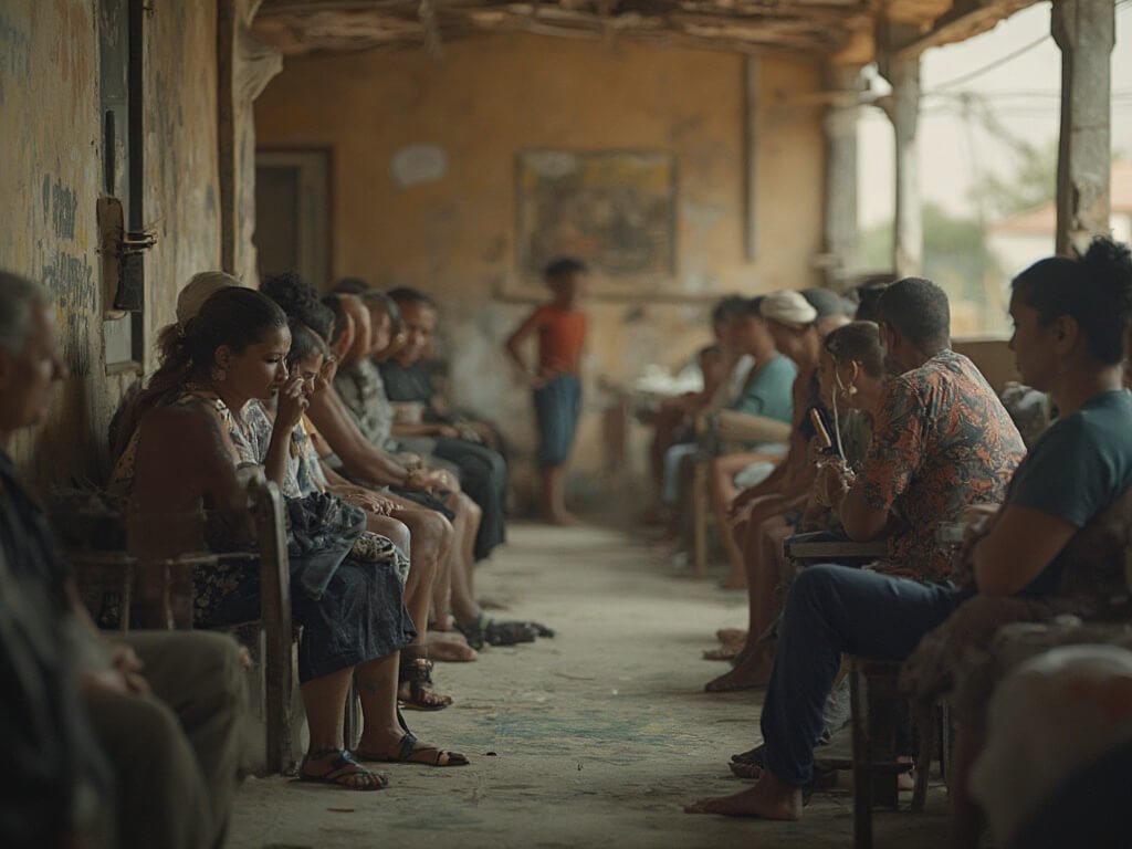 The Ultimate Survival Guide to Bakersfield's Scorching July: What Nobody Tells You Diverse residents in a community cooling center seeking refuge from extreme heat, interacting emotionally, showcasing resilience, under soft natural lighting