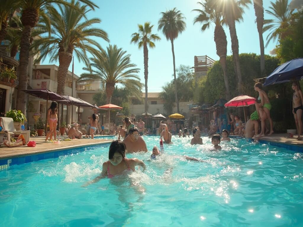Community members of all ages cooling off in a vibrant swimming pool under the intense sunlight, swimmers in colorful attires compliment the glistening water, with nearby palm trees offering some shade.