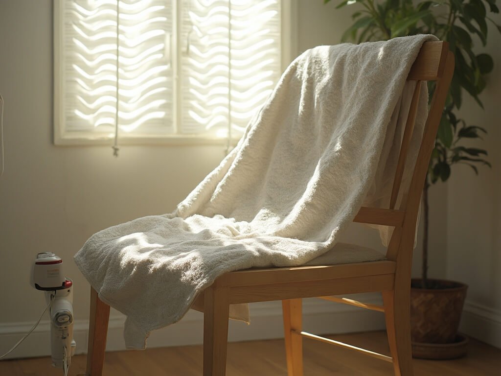Redding's Scorching July: A Survival Guide to America's Hottest City Cooling towel on chair with battery-powered fan, in minimalist room lit by sunlight through blinds