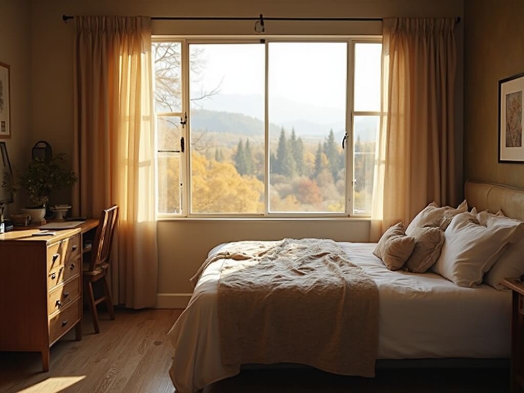Cozy budget hotel room in Redding with soft natural light, minimal personal items, and autumn landscape view