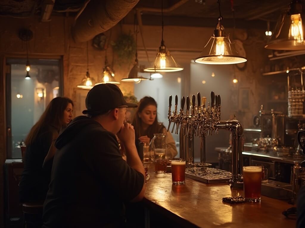 Redding Unveiled: Your Ultimate April Adventure Guide Interior of a rustic craft brewery with warm wooden tones, patrons enjoying conversation, ambient lighting, beer taps, glasses and brewing equipment subtly visible