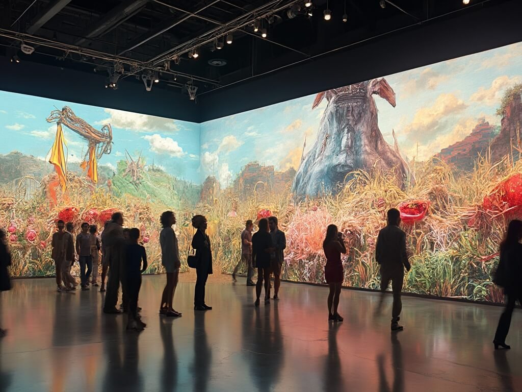 Why Bakersfield in May is Your Ultimate Spring Adventure Destination Art exhibition at CSUB showcasing a large multimedia installation blending agricultural imagery with modern digital art techniques by local students