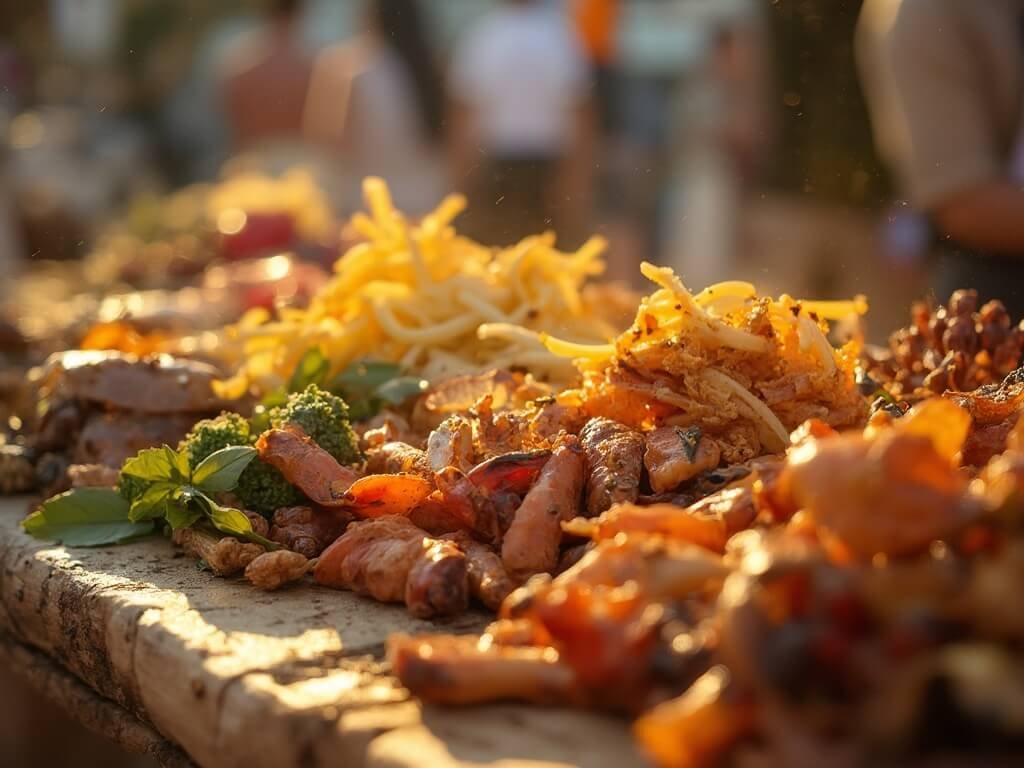 Close-up shot of diverse Mediterranean and Californian cuisine from a local festival, artistically arranged in warm September evening light