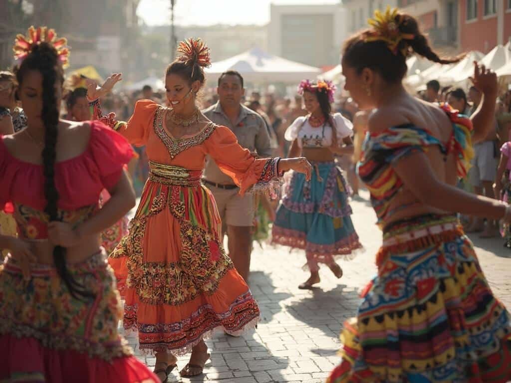 Participants in vibrant traditional attire energetically dancing at the Danzantes Unidos Festival at an outdoor plaza showcasing cultural diversity