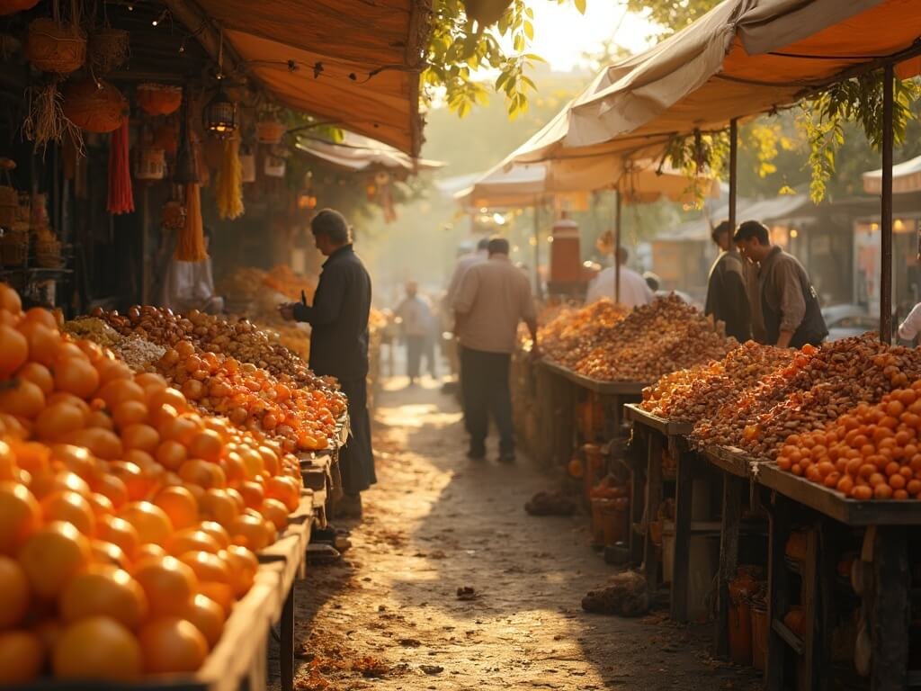Bakersfield in November: Your Ultimate Guide to Central Valley's Hidden Autumn Gem Local vendors arranging citrus fruits and almonds at a golden-lit farmers market at dawn with long shadows across the produce stalls.