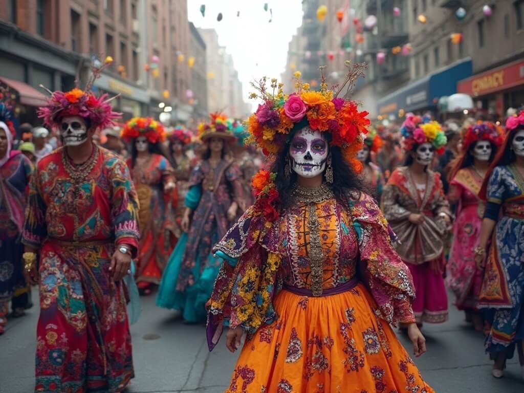 Día de Muertos street procession on Fulton Street featuring people in traditional costumes and face paintings, surrounded by festive decorations in an urban setting