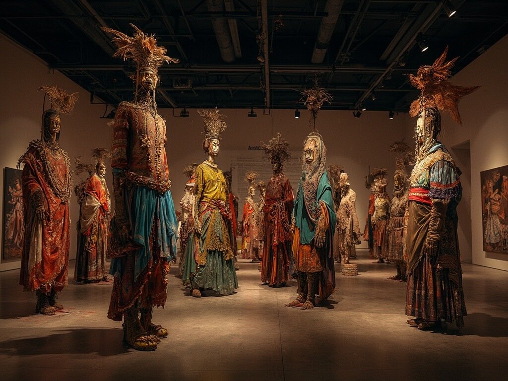 Día De Los Muertos exhibition at Arte Americas featuring large 20-foot sculptural figures, intricate cultural decorations under dramatic lighting and soft shadows