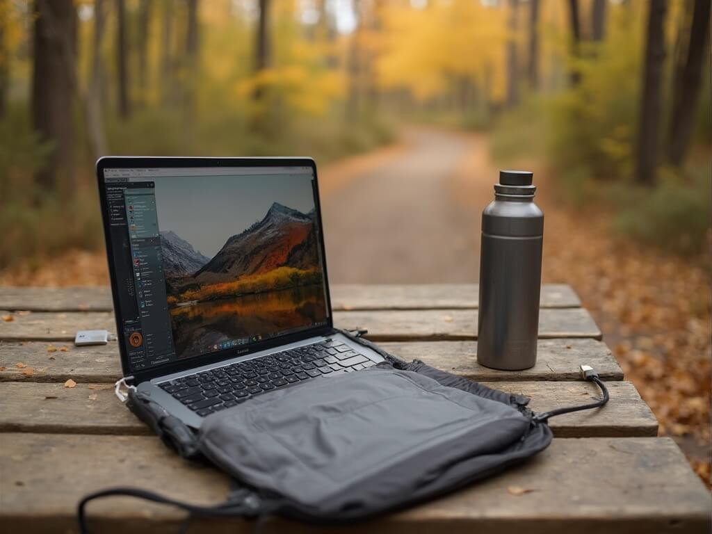Digital nomad's outdoor workspace with laptop, battery pack, and reusable water bottle on picnic table near Redding trail, with blurred autumn trees and hiking path in the background