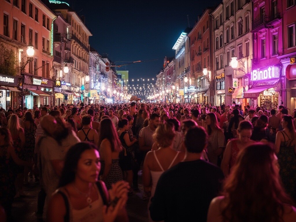 Crowded downtown street at night with vibrant lights, dancing people, live music performers at the 'Around the Block Party'