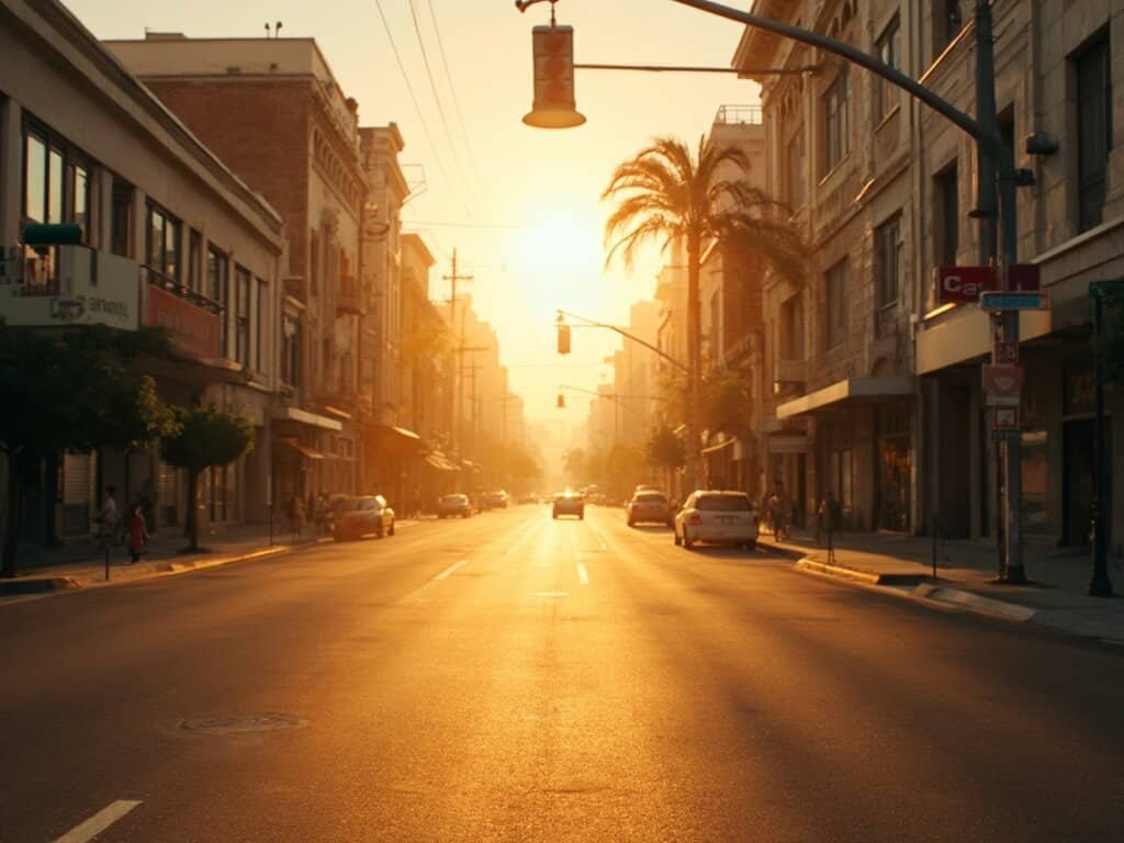 Empty streets of downtown Fresno under intense summer heat, with shimmering heat waves on asphalt and sharp shadows from buildings, no people in sight