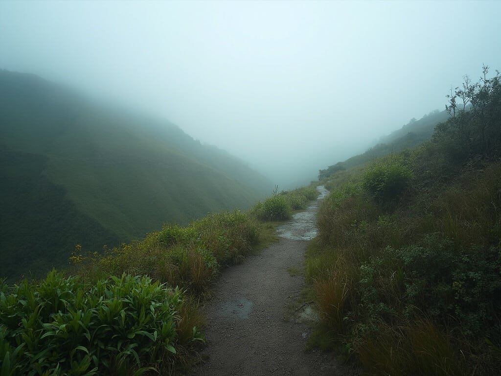 Misty winter hiking trail winding through lush greenery in East Bay hills near Oakland