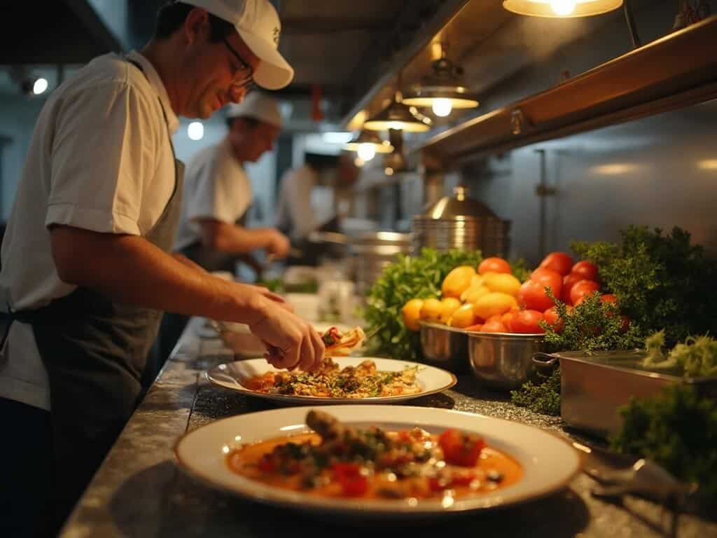 Chefs in local farm-to-table restaurant kitchen plating a dish with seasonal ingredients, surrounded by local produce and under warm ambient lighting