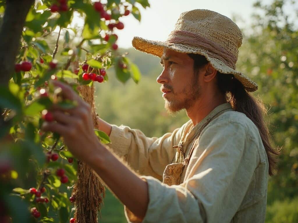 Local farmer in traditional work attire explaining agricultural techniques near a cherry tree laden with ripe red cherries, under the soft morning light