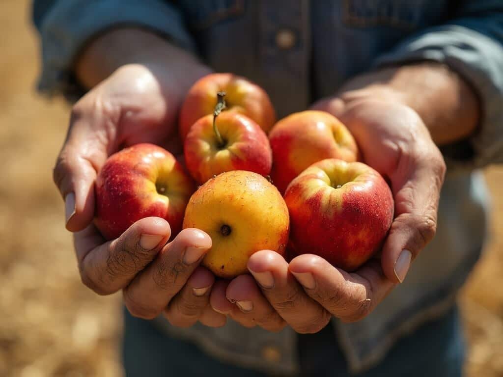 Farmer's weathered hands holding fresh ripe fruit with dry golden landscape in the background
