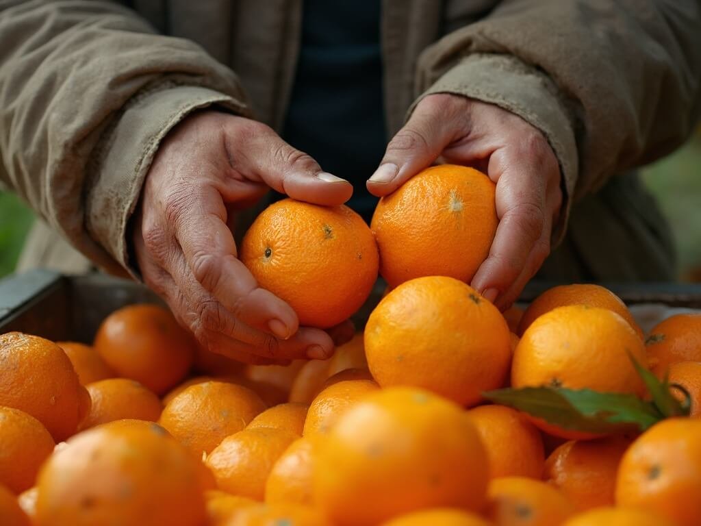 Bakersfield in January: Your Ultimate Winter Survival Guide (No Snow Required!) Farmer's weathered hands sorting fresh oranges at a local farm, highlighting winter's impact on agriculture