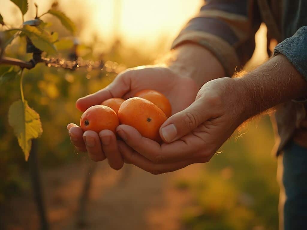 Farmer's weathered hands carefully holding ripe stone fruit, with drip irrigation lines in the golden afternoon light