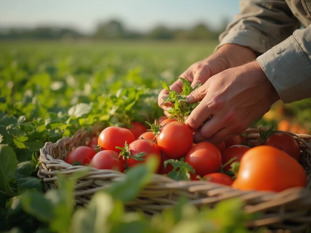 Farmer's hands attentively picking fresh produce, with blurred agricultural fields in the background