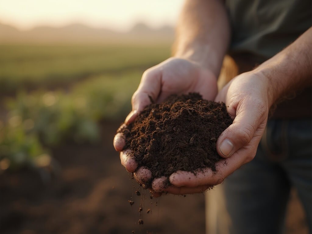 Farmer examining soil moisture in early morning light, with blurred winter crops and irrigation system in background